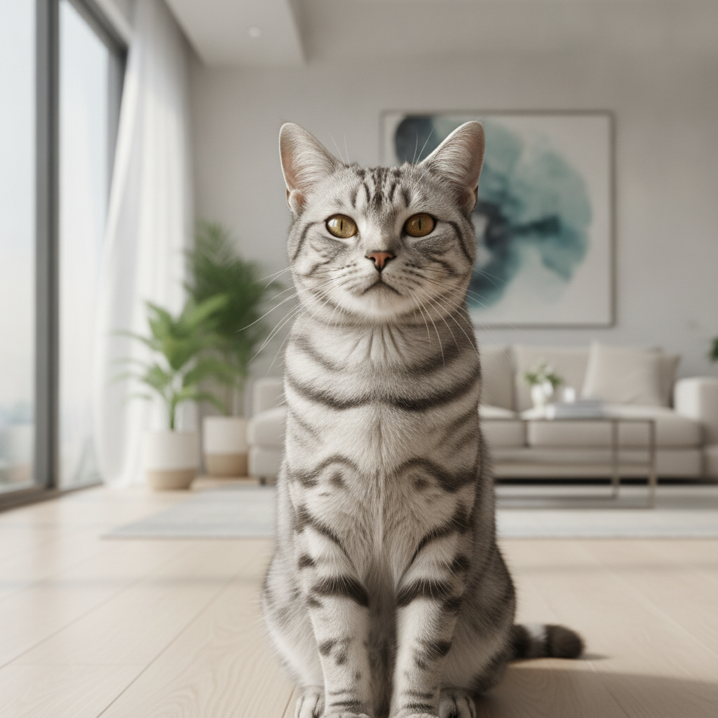 Seekor kucing American Shorthair silver classic tabby duduk dengan tenang di dalam sebuah apartmen Malaysia yang cerah