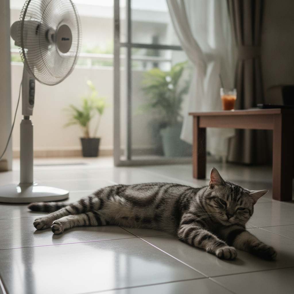 Seekor kucing American Shorthair berbaring di lantai jubin yang sejuk untuk mengatasi kepanasan Malaysia