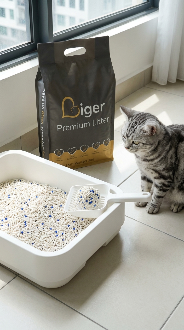 Liger Premium tofu cat litter di sebelah kotak litter yang bersih untuk American Shorthair