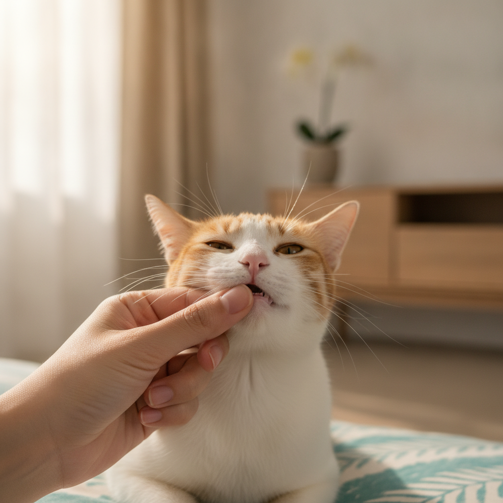 主人检查猫咪苍白牙龈——贫血的关键征兆