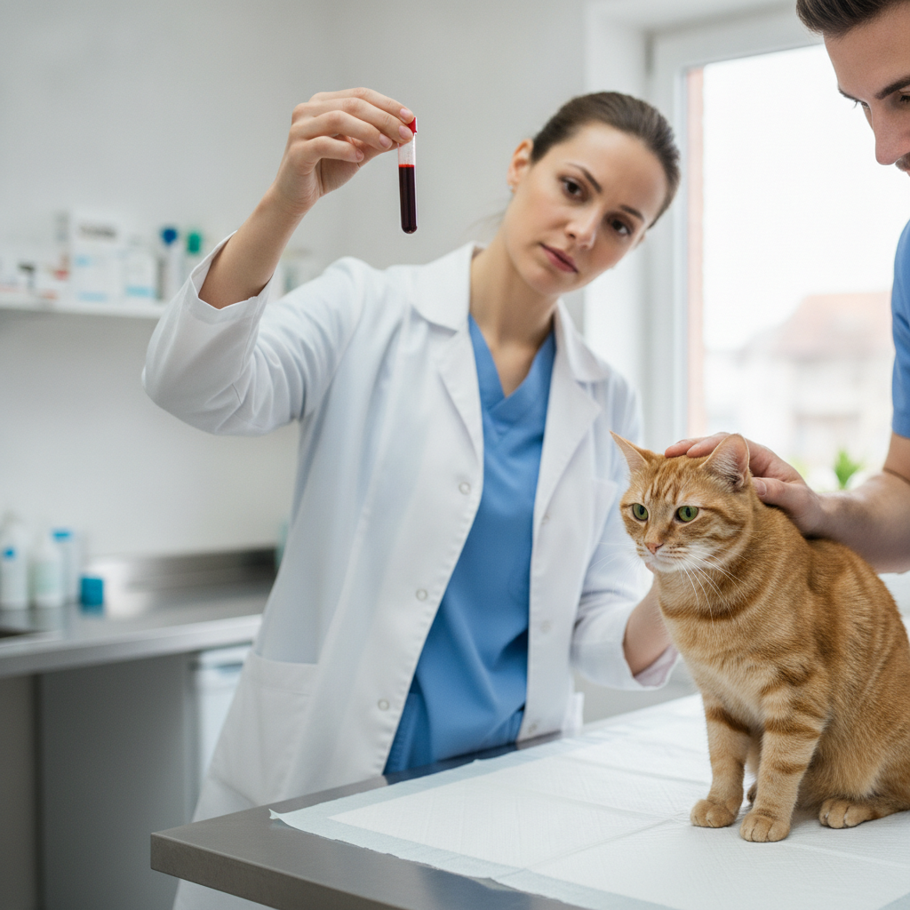 兽医在明亮诊所检查猫咪血液样本以诊断贫血原因