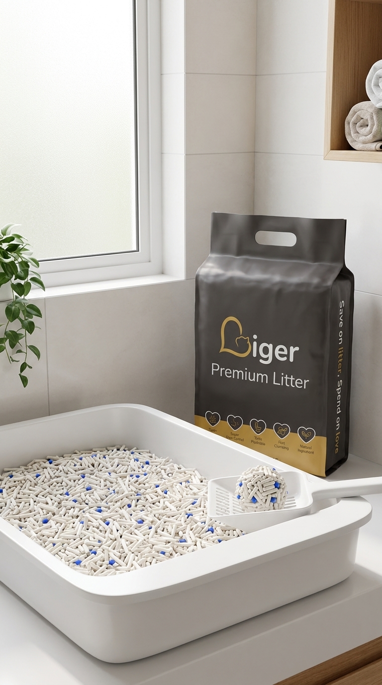 Liger 豆腐猫砂包装袋摆放在干净猫砂盆旁,便于发现深色柏油状大便