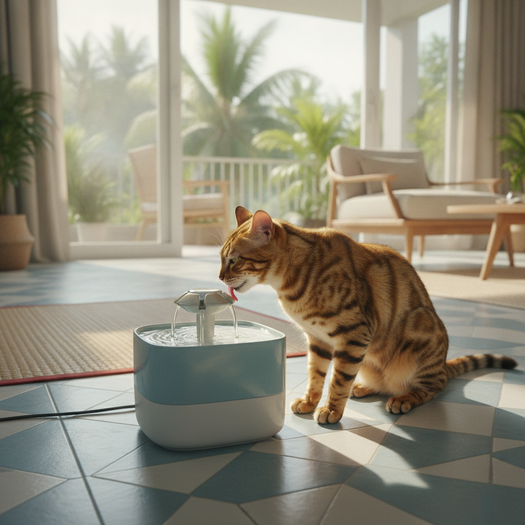 A Bengal cat drinking from a water fountain to stay cool and hydrated in Malaysia