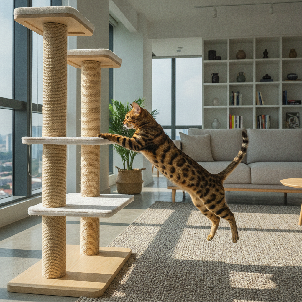 An athletic leopard-spotted Bengal cat leaping onto a cat tree in a Malaysian apartment