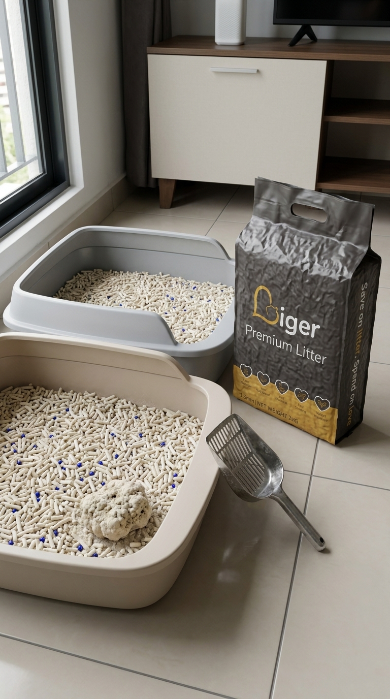 Liger tofu cat litter beside two clean litter boxes, showing the plus-one rule for a Bengal