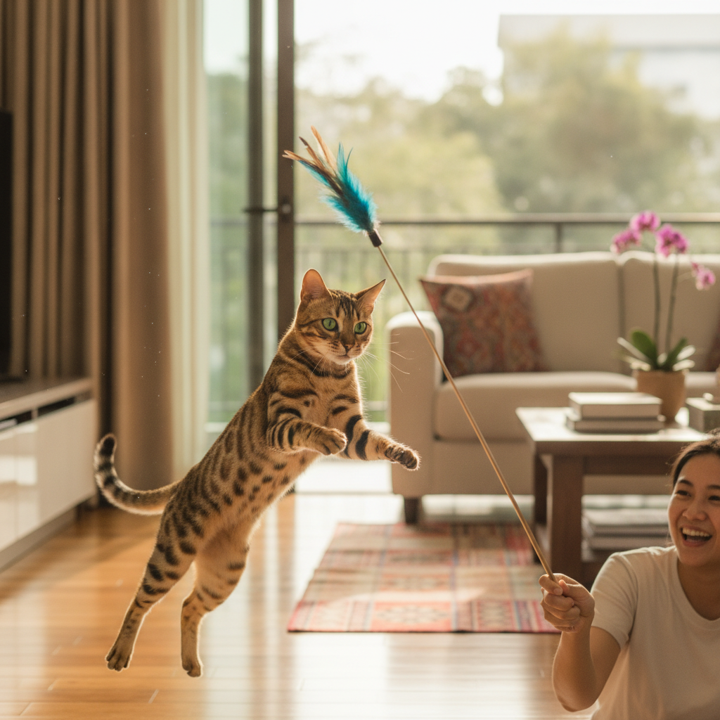 A Bengal cat in an energetic wand-play session to burn off energy