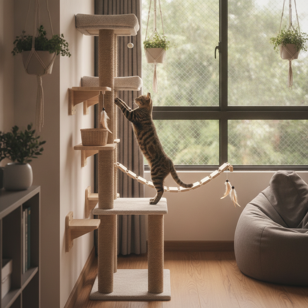 Seekor kucing memanjat pokok kucing tinggi dan rak dinding dalam sebuah apartment Malaysia yang kecil