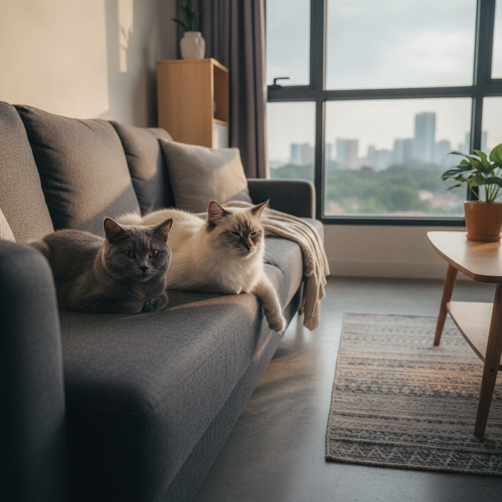 Seekor British Shorthair dan seekor Ragdoll berehat di atas sofa dalam sebuah kondo Malaysia
