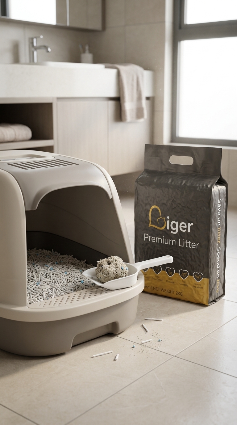 Pek Liger Premium Tofu Cat Litter di sebelah dulang pasir kucing dalam kondo Malaysia