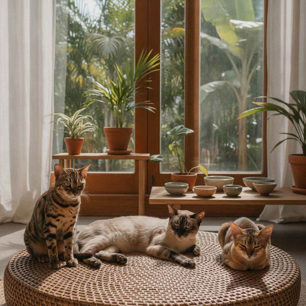 A Siamese, a Bengal and a Singapura resting together in an airy Malaysian living room