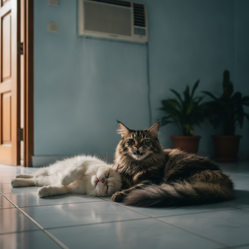 A flat-faced Persian and a fluffy Maine Coon resting near an air-conditioner in a Malaysian home