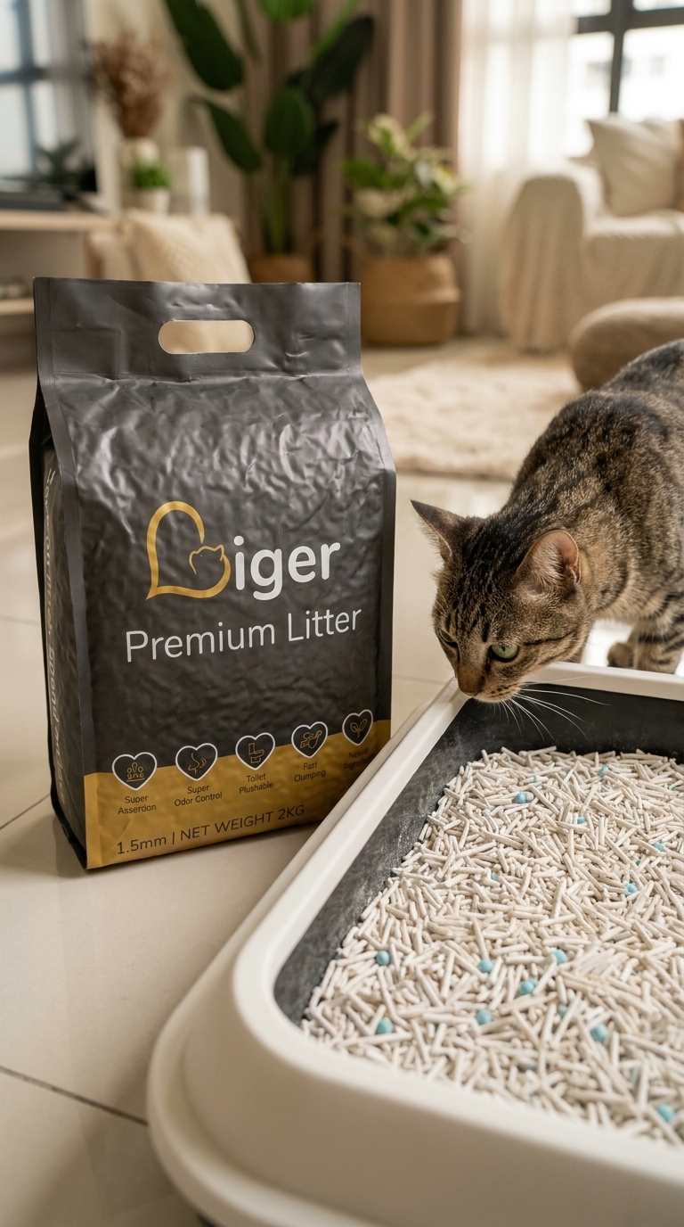 Liger Premium Tofu Cat Litter pack beside a litter tray in a Malaysian home