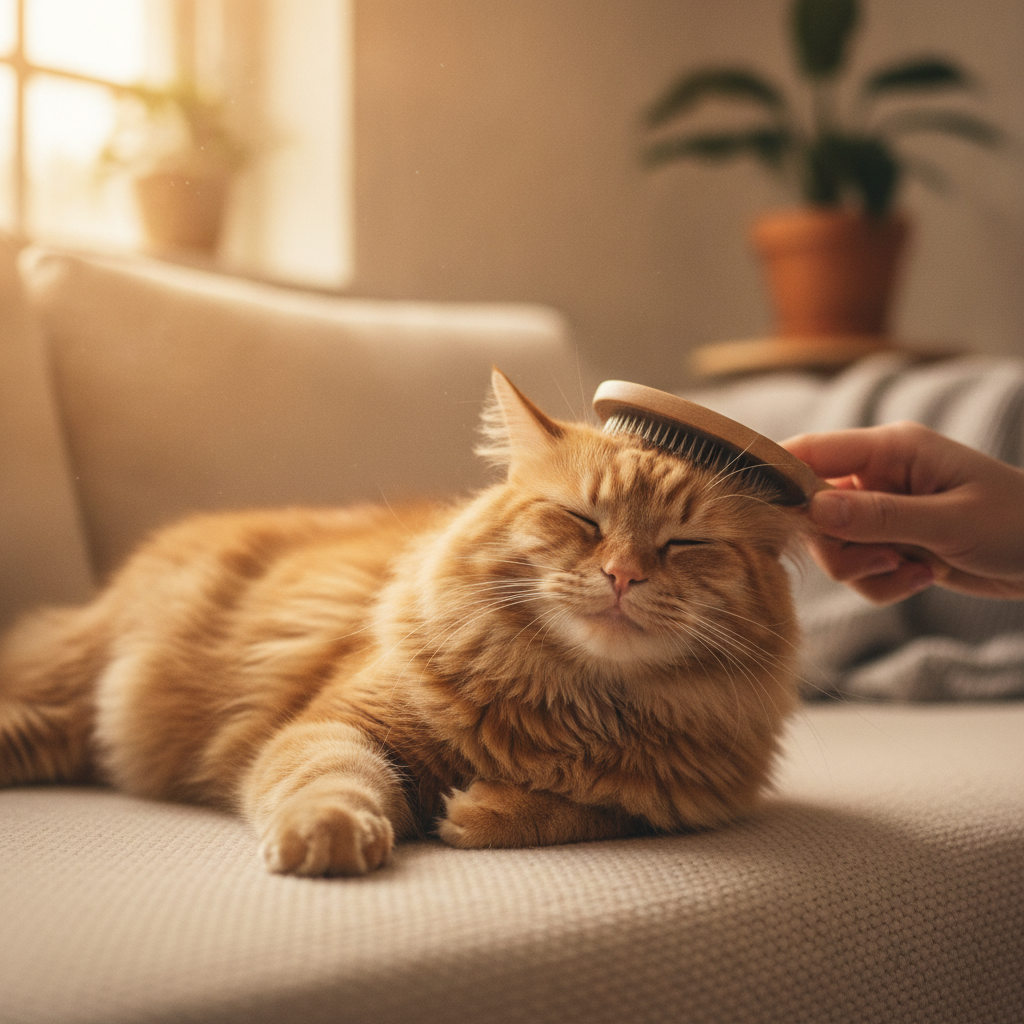 Pemilik menyikat kucing yang tenang dan selesa mengikut arah tumbuh bulu