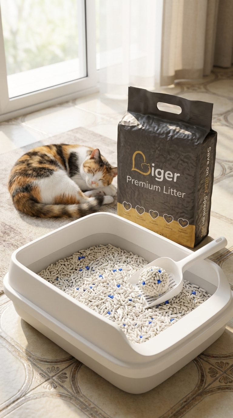 Pek Liger Premium tofu cat litter 2kg di sebelah kotak pasir bersih di rumah Malaysia