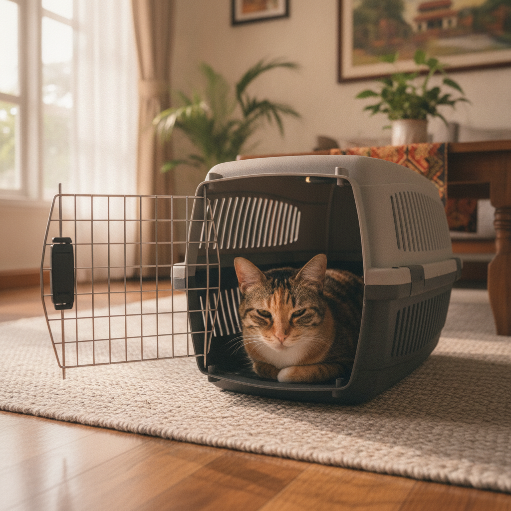 Seekor kucing tenang berehat di dalam bekas bawa kucing keras yang terbuka di rumah Malaysia