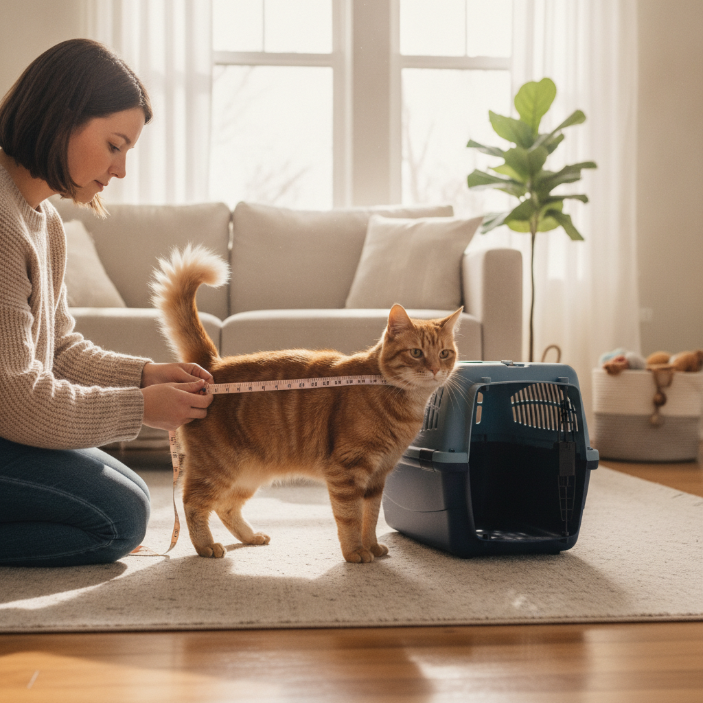 Mengukur panjang kucing di sebelah bekas pembawa untuk semak peraturan saiz 1.5x