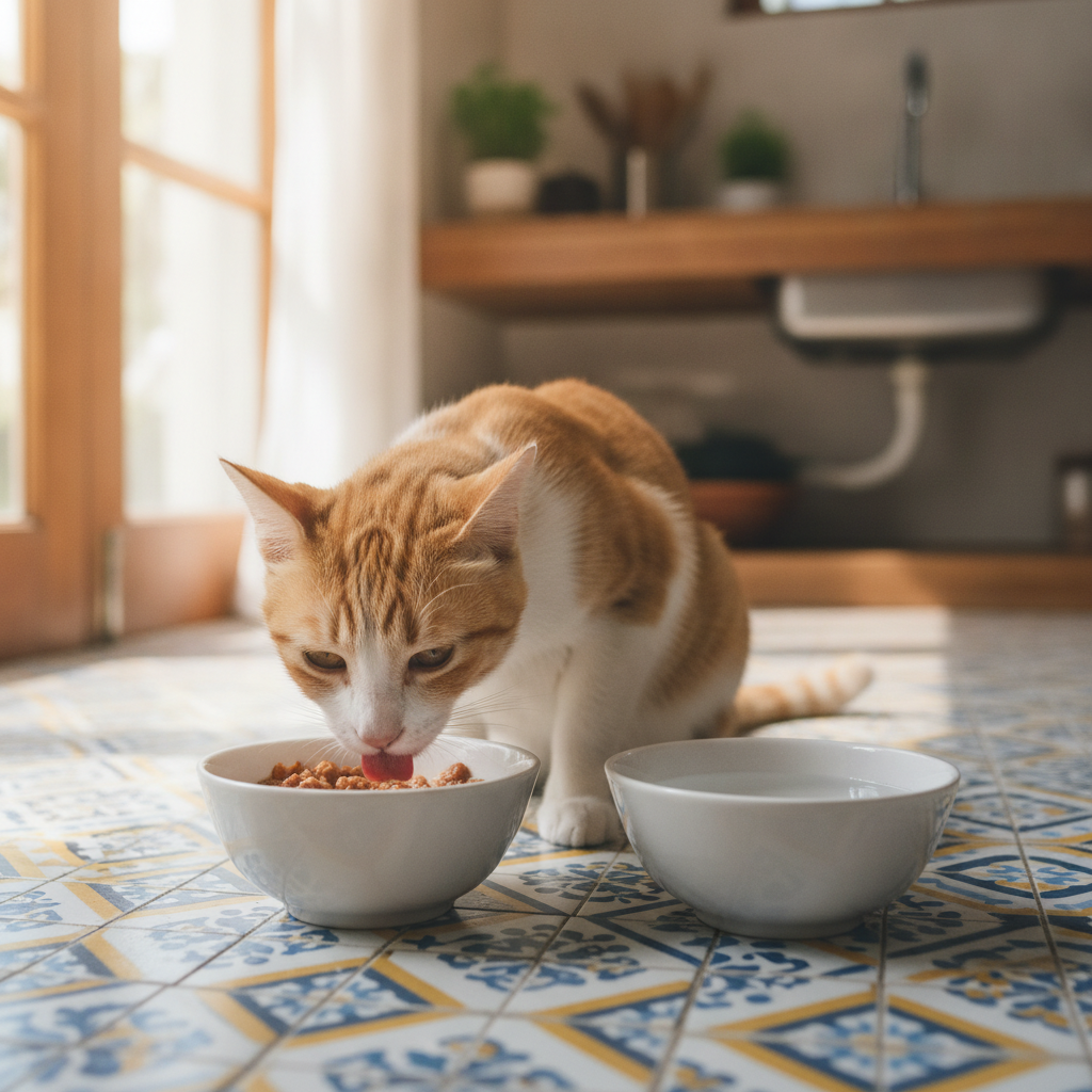 Seekor kucing makan makanan basah di sebelah mangkuk air, menggambarkan strategi pemberian makan