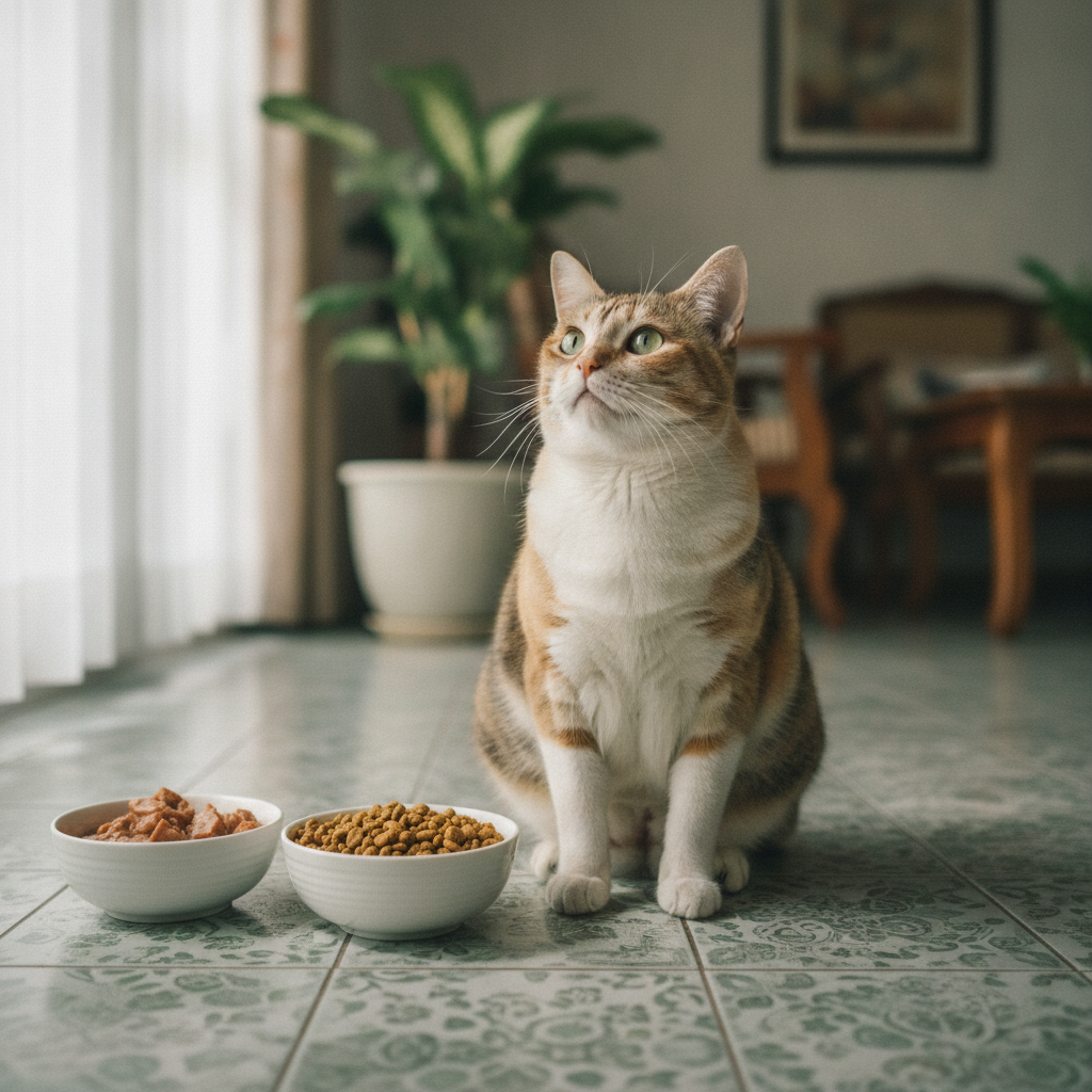 Seekor kucing duduk di sebelah mangkuk makanan basah dan kering, menggambarkan pilihan makanan