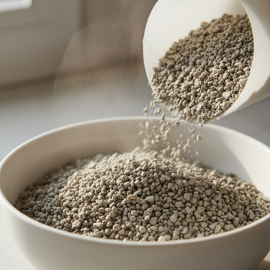 Close-up of generic bentonite clay cat litter granules with visible airborne dust cloud during pouring