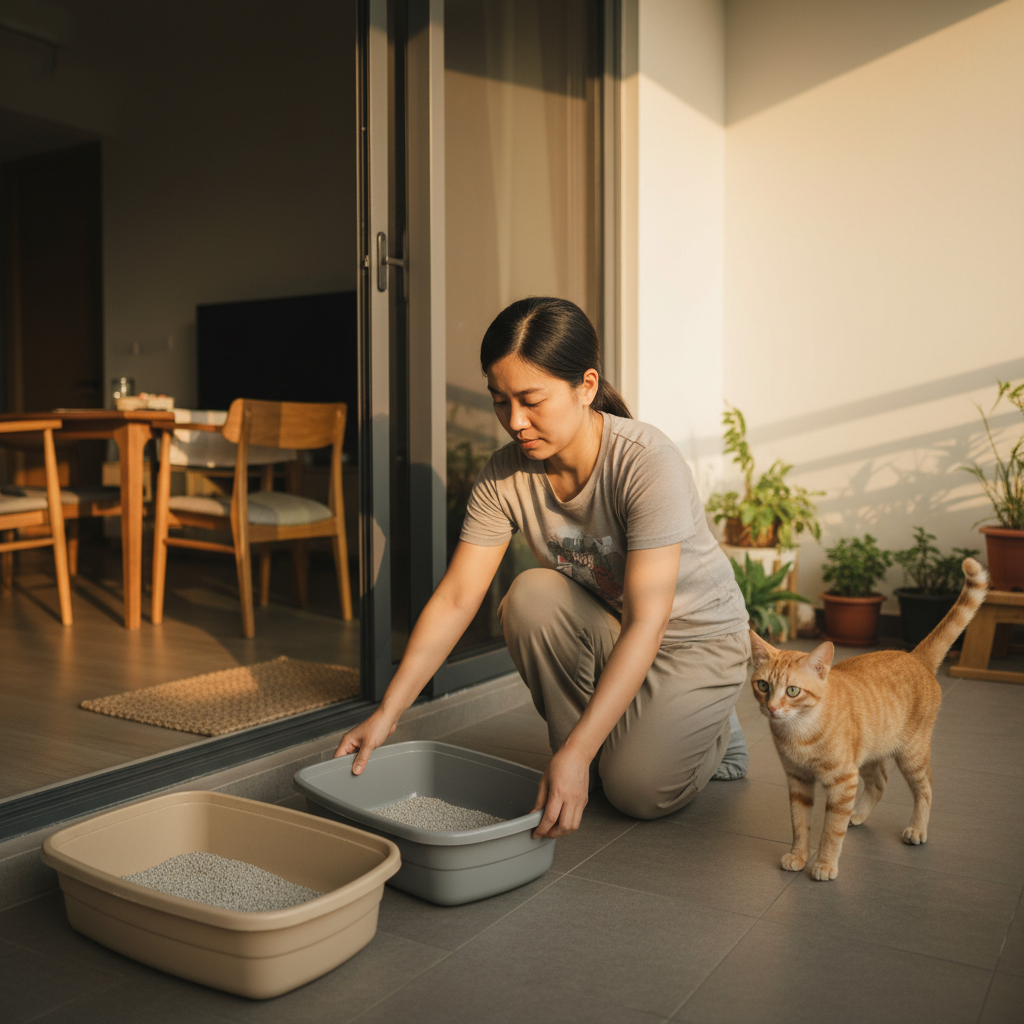 Cat parent setting up parallel litter tray transition on a ventilated condo balcony for safe asthma-friendly switching