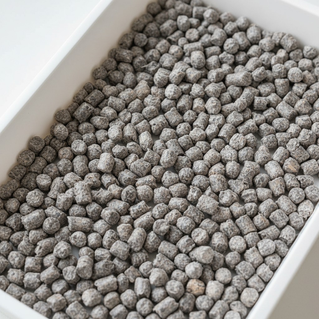 Top-down view of generic recycled paper pellet cat litter showing cylindrical compressed newspaper structure