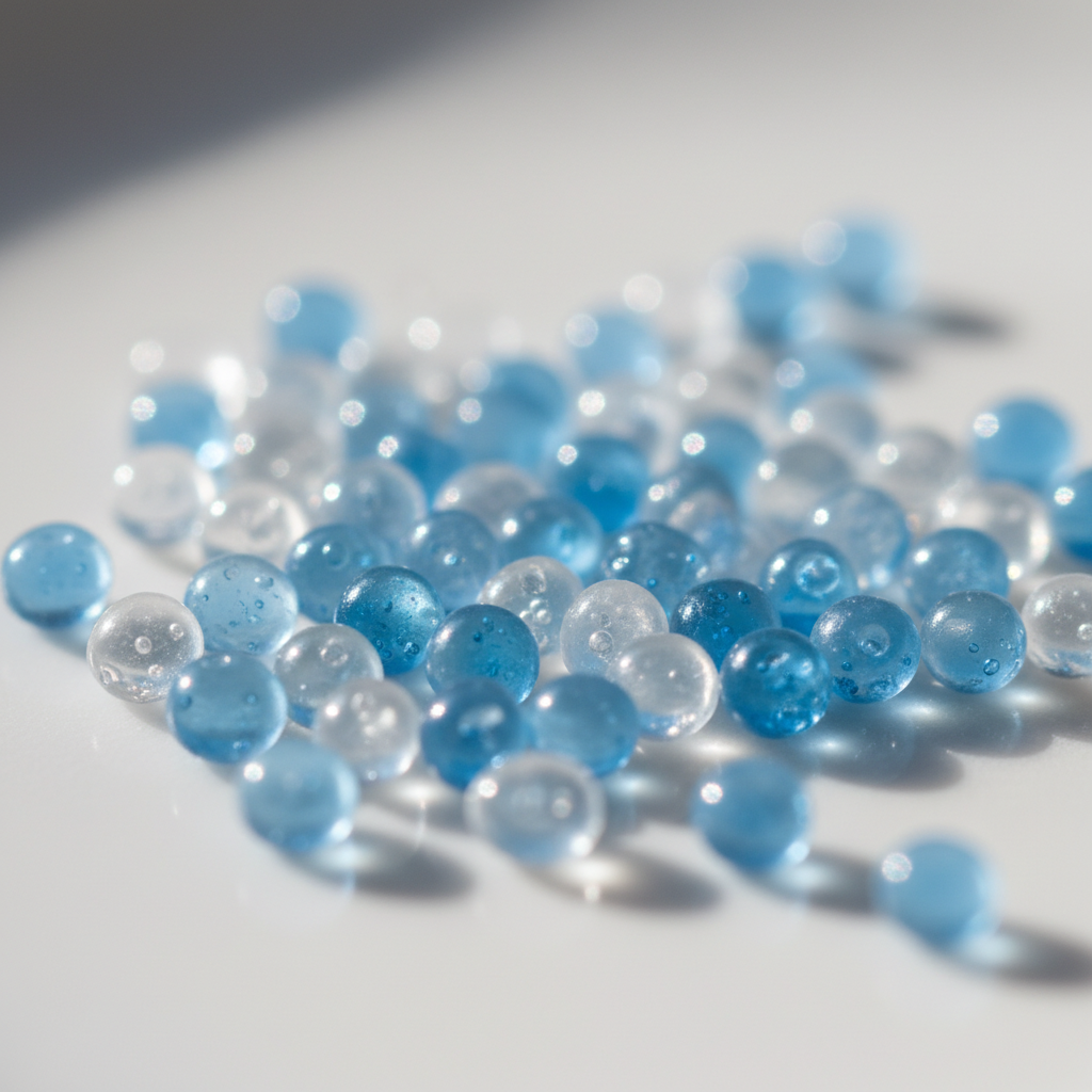 Macro view of generic translucent silica crystal gel litter beads on a white surface