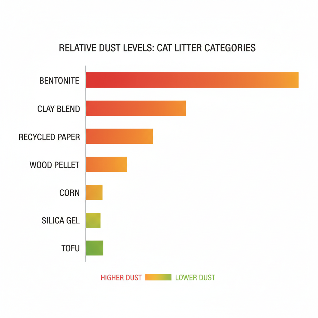 Bar chart concept comparing relative dust output across cat litter categories from bentonite to tofu