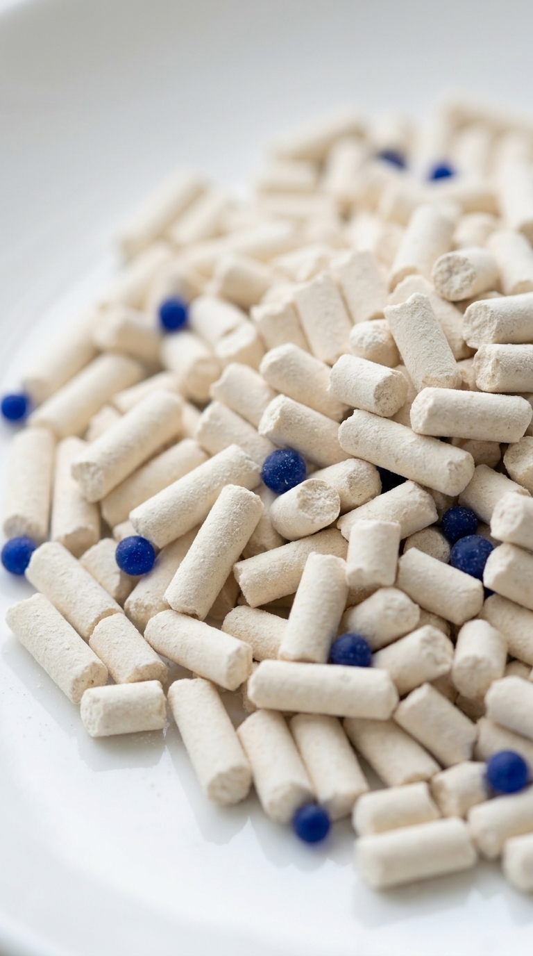 Macro hero close-up of off-white tofu cat litter pellets showing low-dust pellet structure