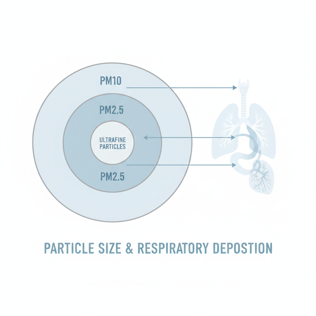 Concept diagram showing PM10 and PM2.5 particulate sizes that affect human asthma from indoor dust sources