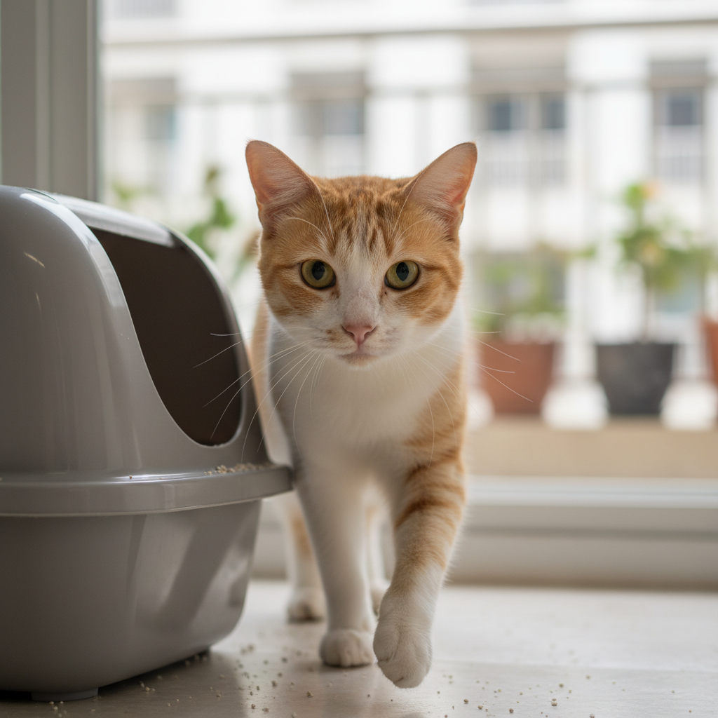 高龄猫小心翼翼地从猫砂盆中走出，爪部特写显示敏感