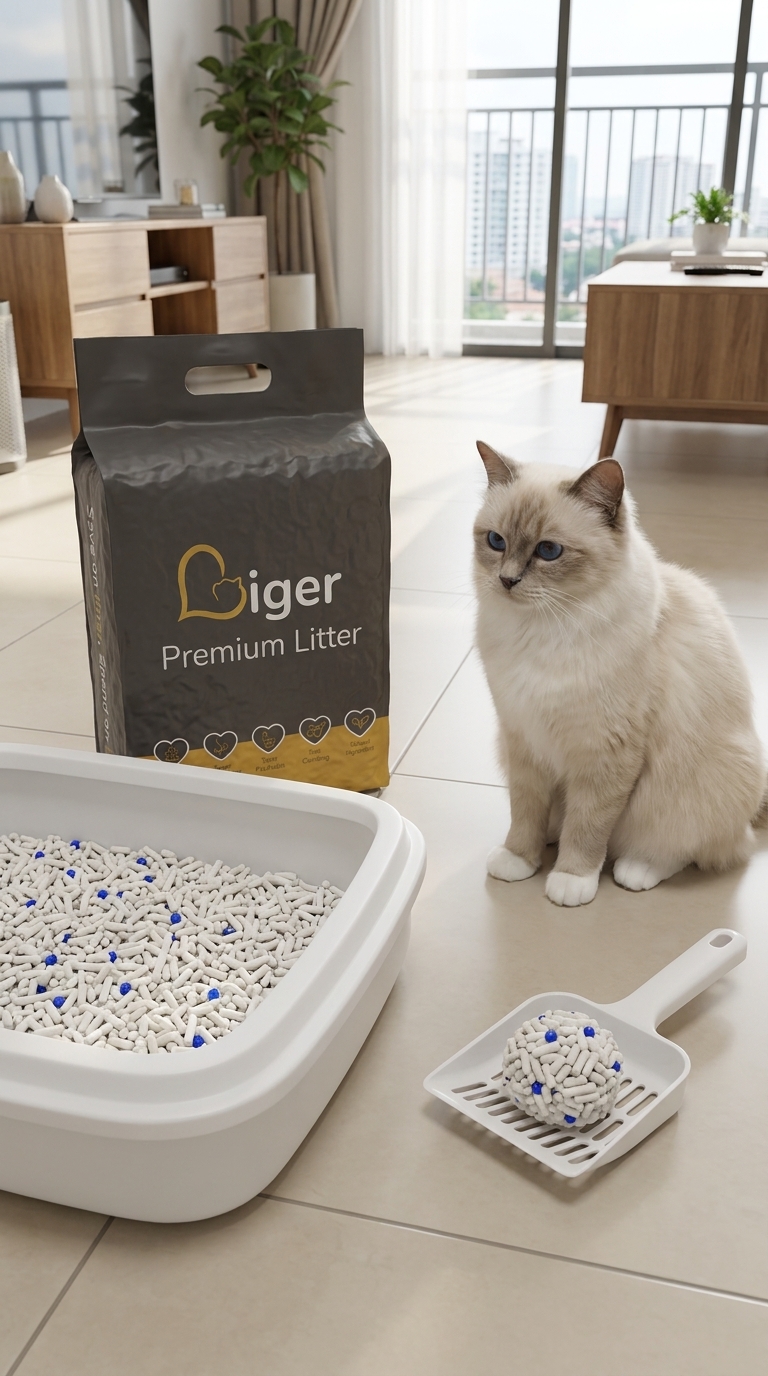 Liger Premium豆腐猫砂放置在干净的猫砂盆旁，旁边是一只有白爪和蓝眼的伯曼猫
