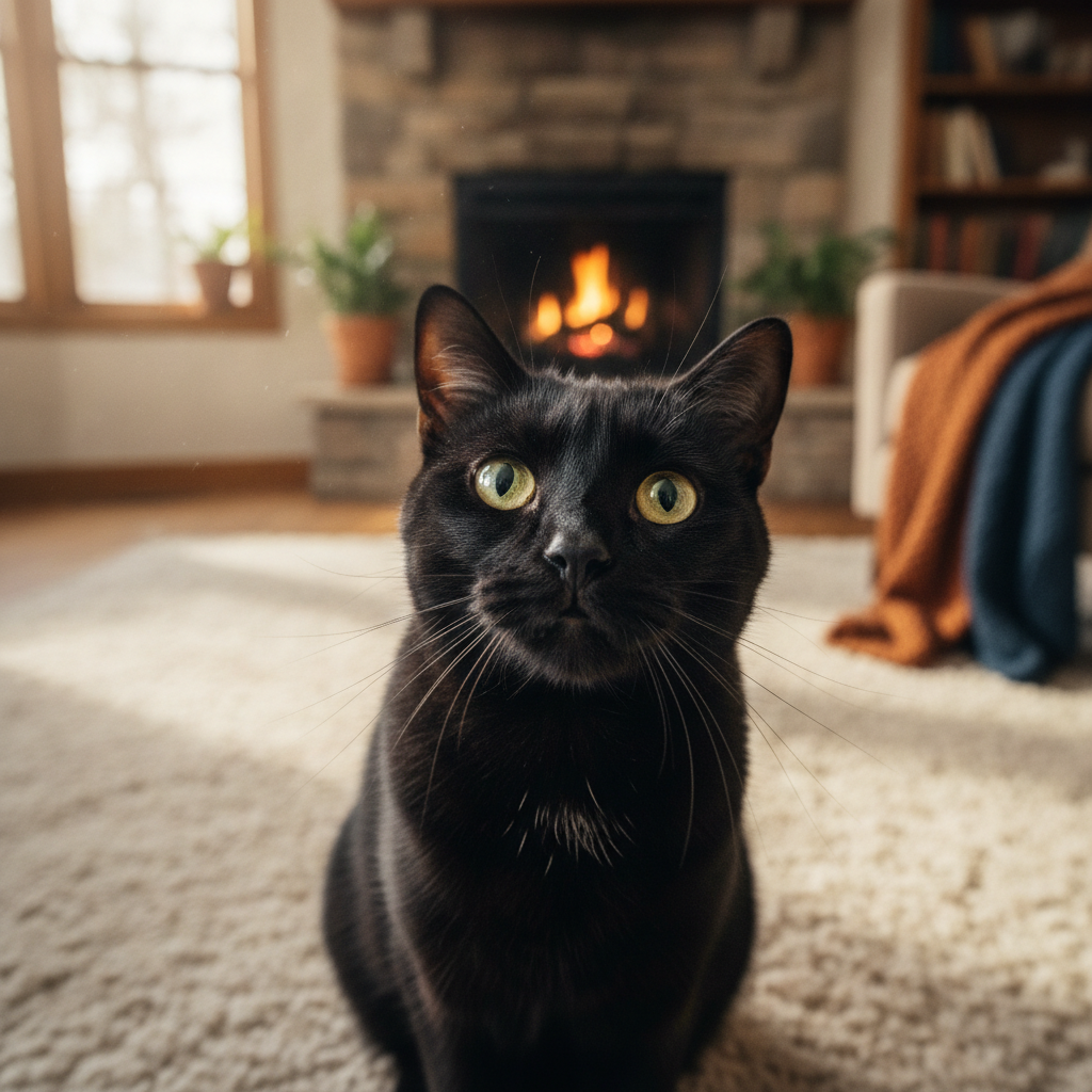 Seekor kucing hitam yang mesra memandang ke atas dengan penuh harapan