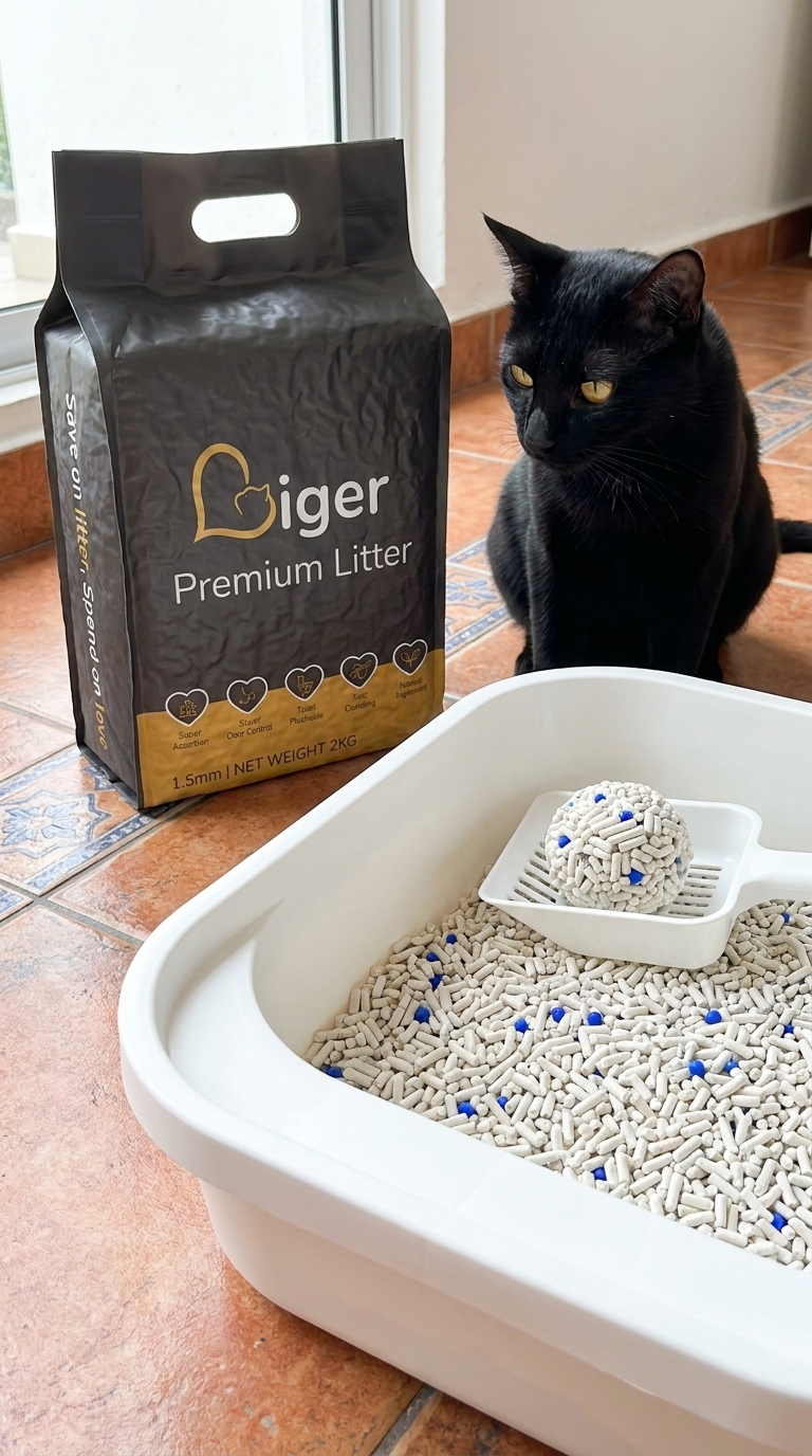 Bungkusan Liger Premium Tofu Cat Litter di sebelah kotak pasir di lantai jubin Malaysia dengan seekor kucing hitam berdekatan