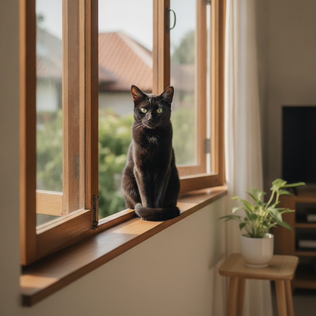 Seekor kucing hitam berkilat dengan mata cerah duduk di tepi tingkap