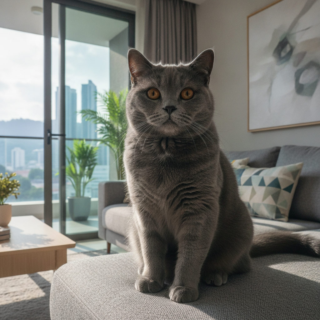 A blue-grey British Shorthair cat with round eyes sitting calmly in a Malaysian apartment