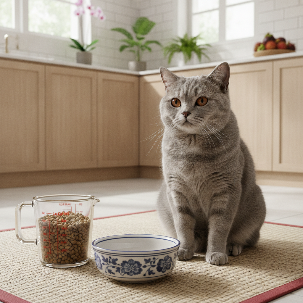 A British Shorthair beside a measured food portion, illustrating portion control to prevent obesity