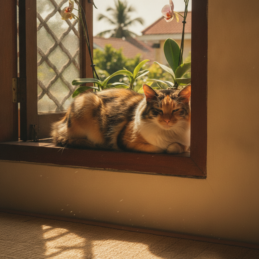 一只三花猫在马来西亚家中阳光充足的窗台上悠然小憩