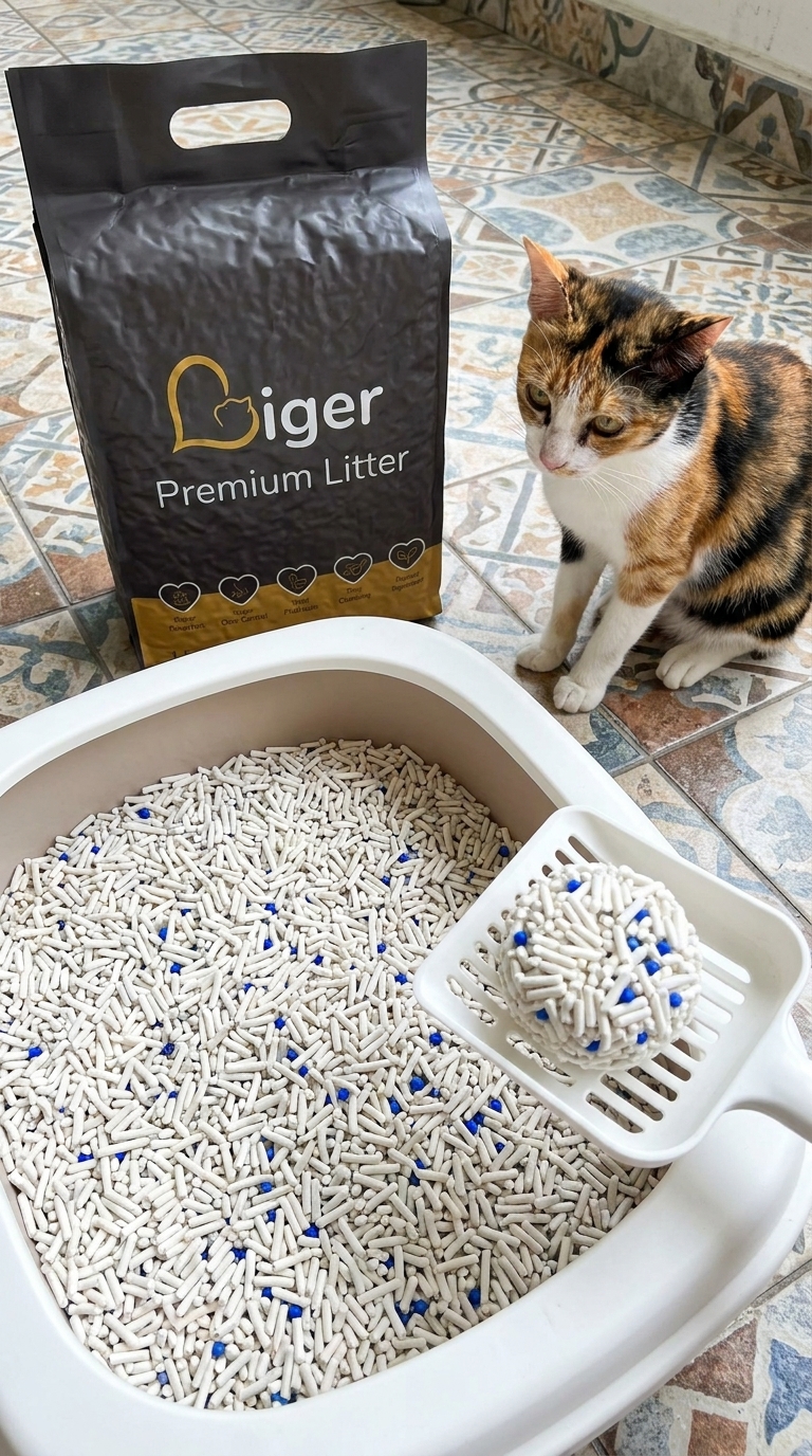Liger豆腐猫砂袋放置在马来西亚瓷砖地板上的干净猫砂盆旁,附近有一只三花猫