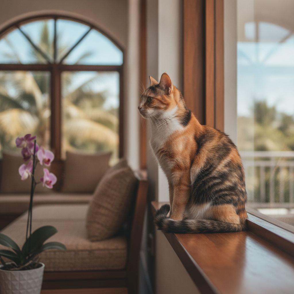 A calico cat with orange, black and white patches sitting by a window