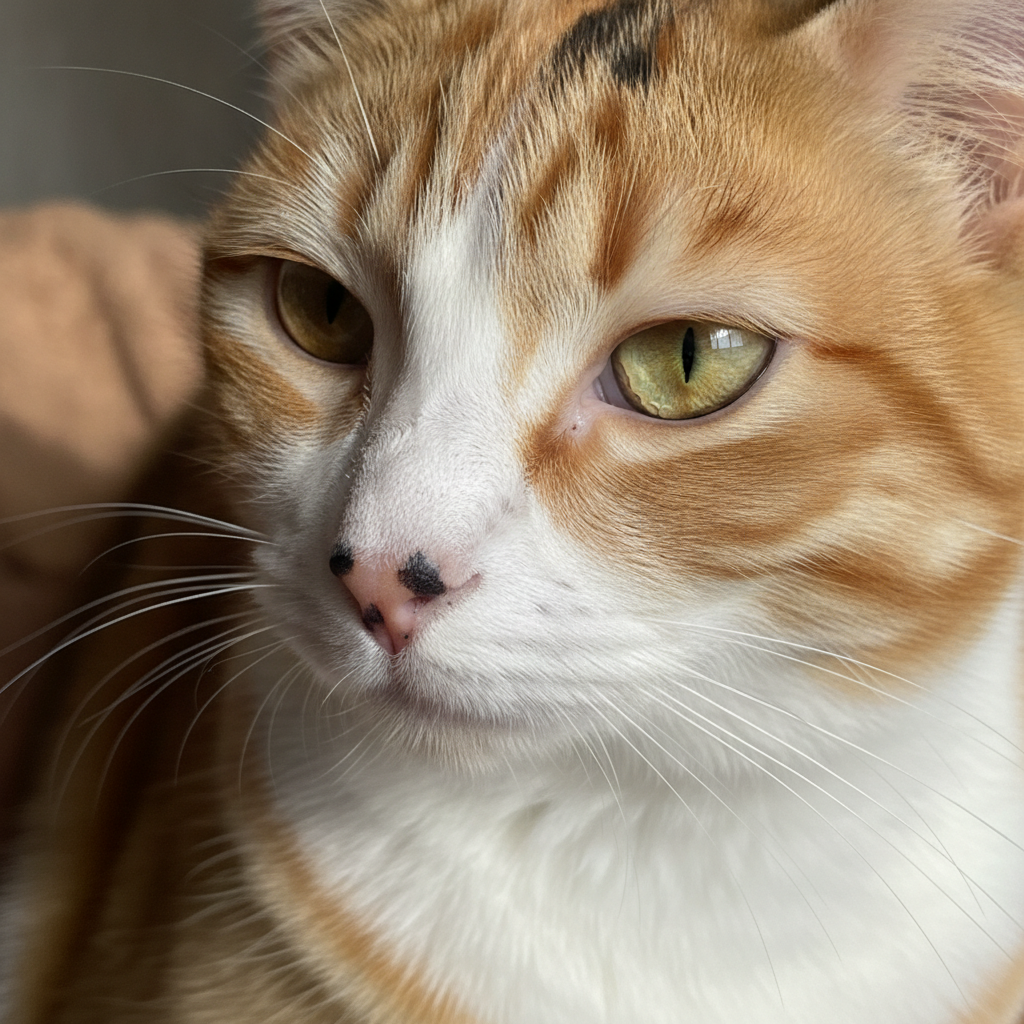 近距离拍摄三花猫的橙色、黑色与白色斑块毛发