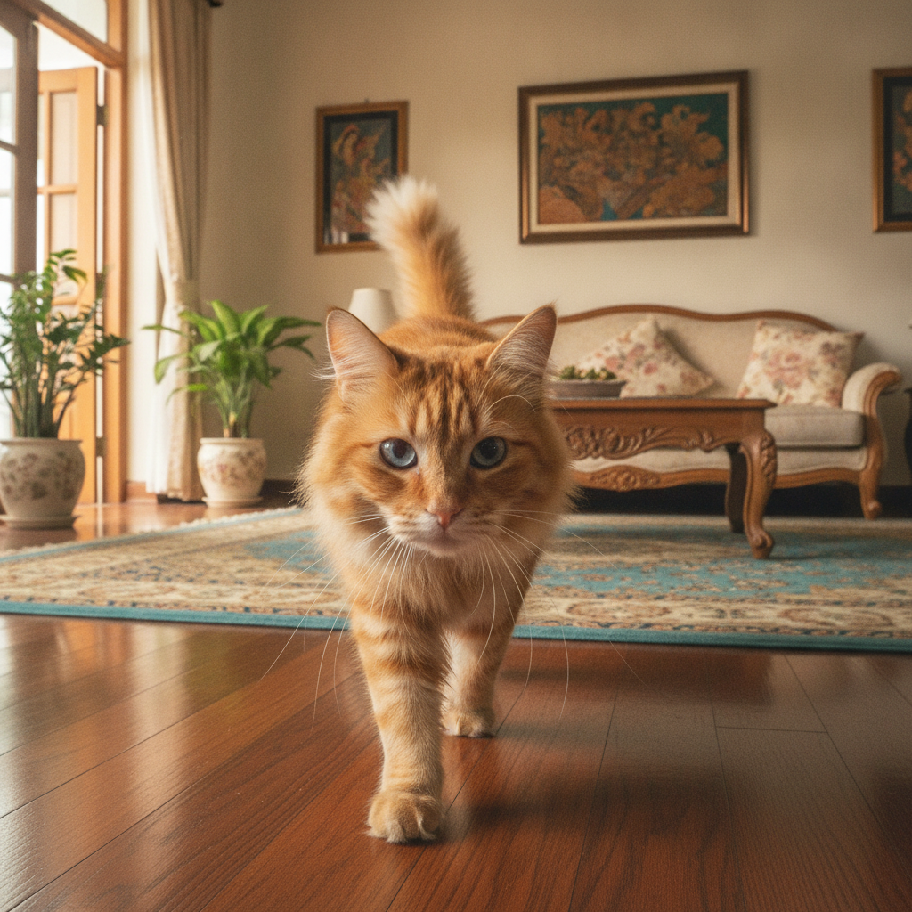Seekor kucing buta menavigasi bilik yang kemas dengan misai dihulurkan ke hadapan