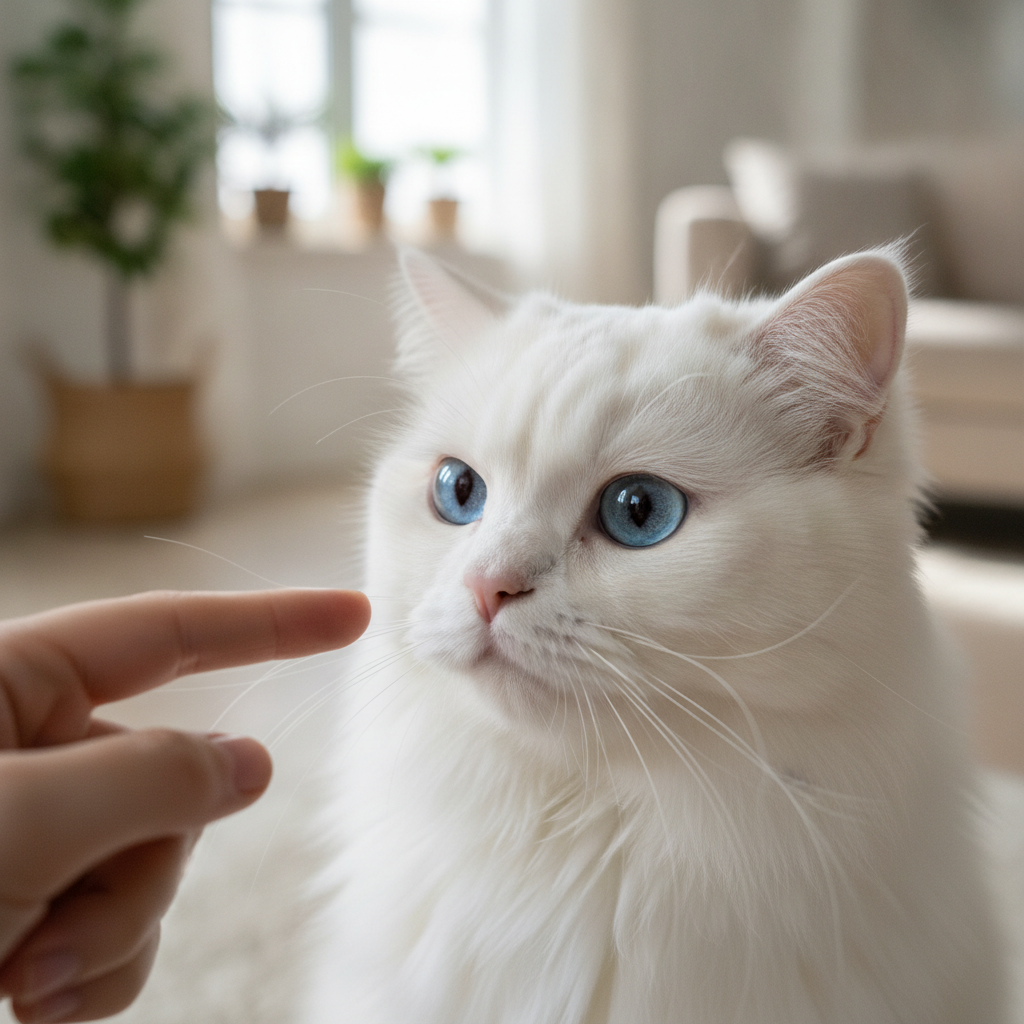 Seekor kucing putih bermata biru memerhati isyarat tangan