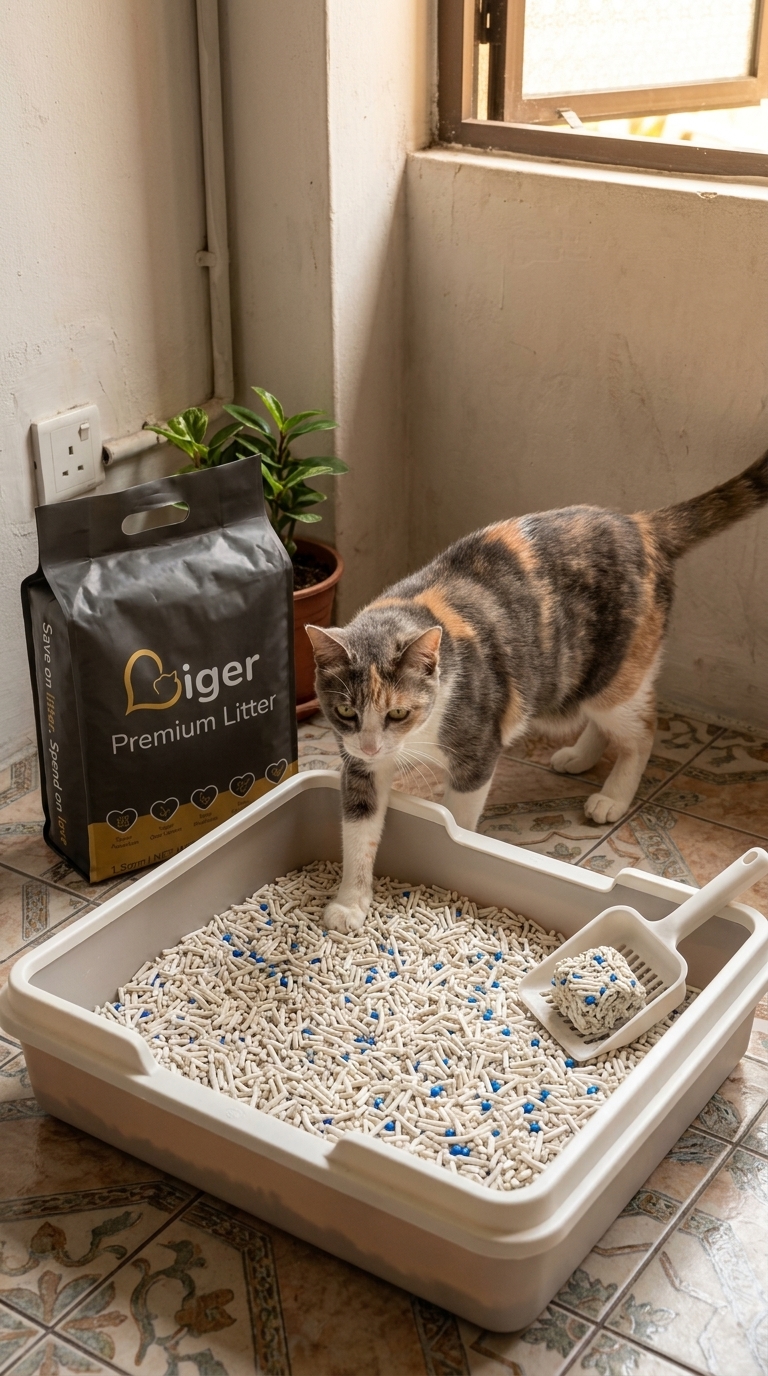 Kotak pasir berlubang rendah dengan sebungkus pasir kucing tofu Liger untuk kucing keperluan khas