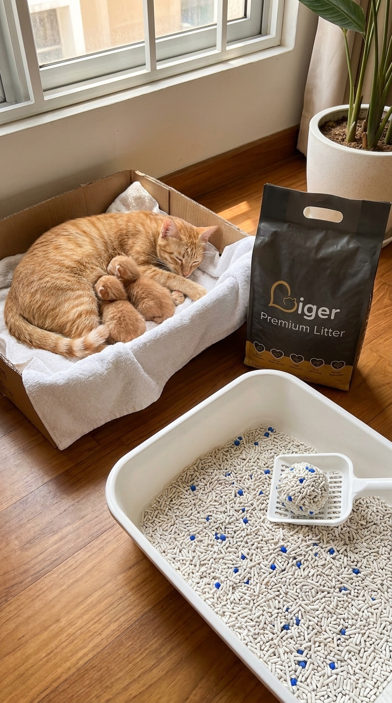 马来西亚居家干净角落,Liger猫砂包与猫砂盆放在休憩中的母猫和幼猫旁边