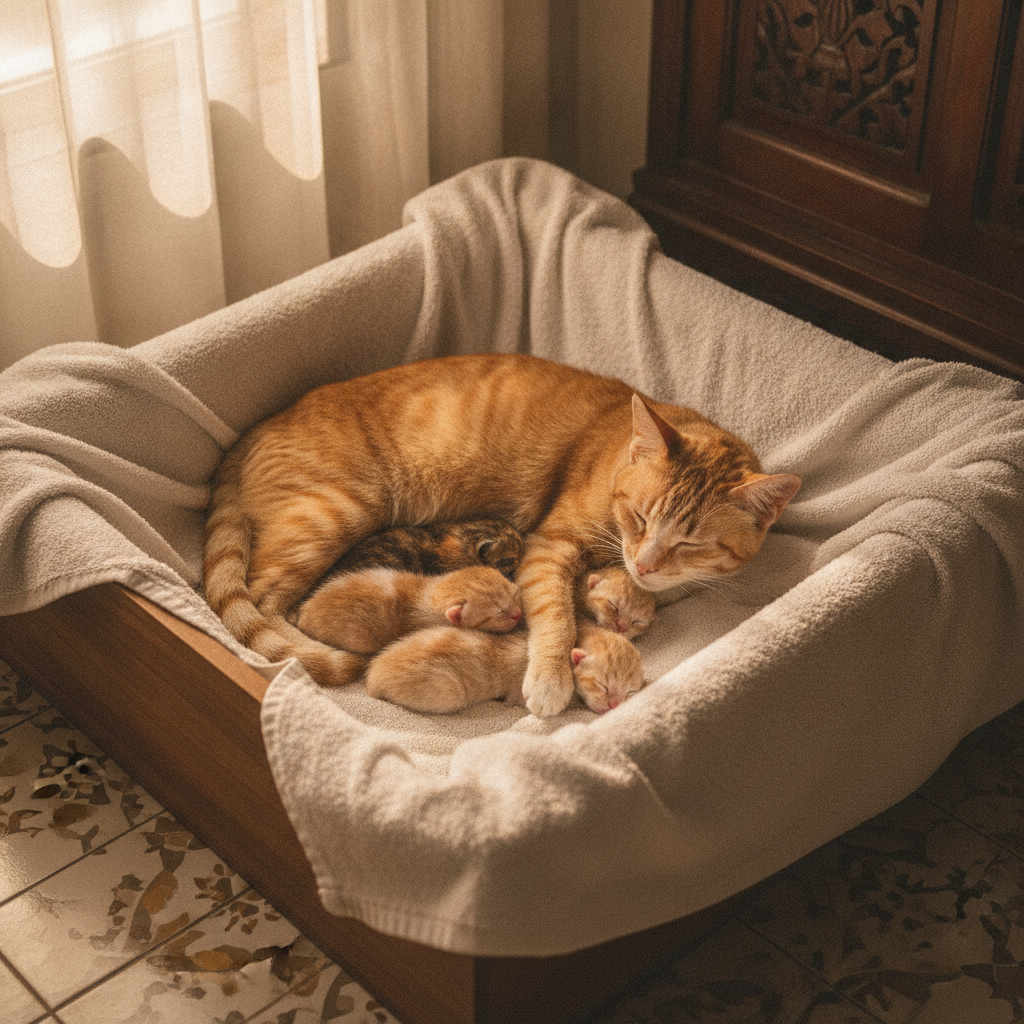 一只母猫蜷缩在干净温暖的育儿箱里,身旁围绕着熟睡的初生幼猫