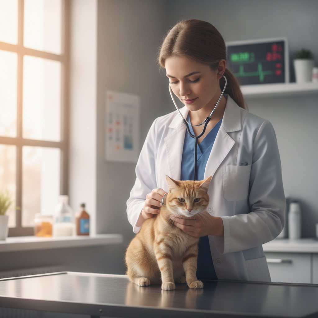 Seorang doktor haiwan memeriksa kucing mengandung yang tenang di klinik
