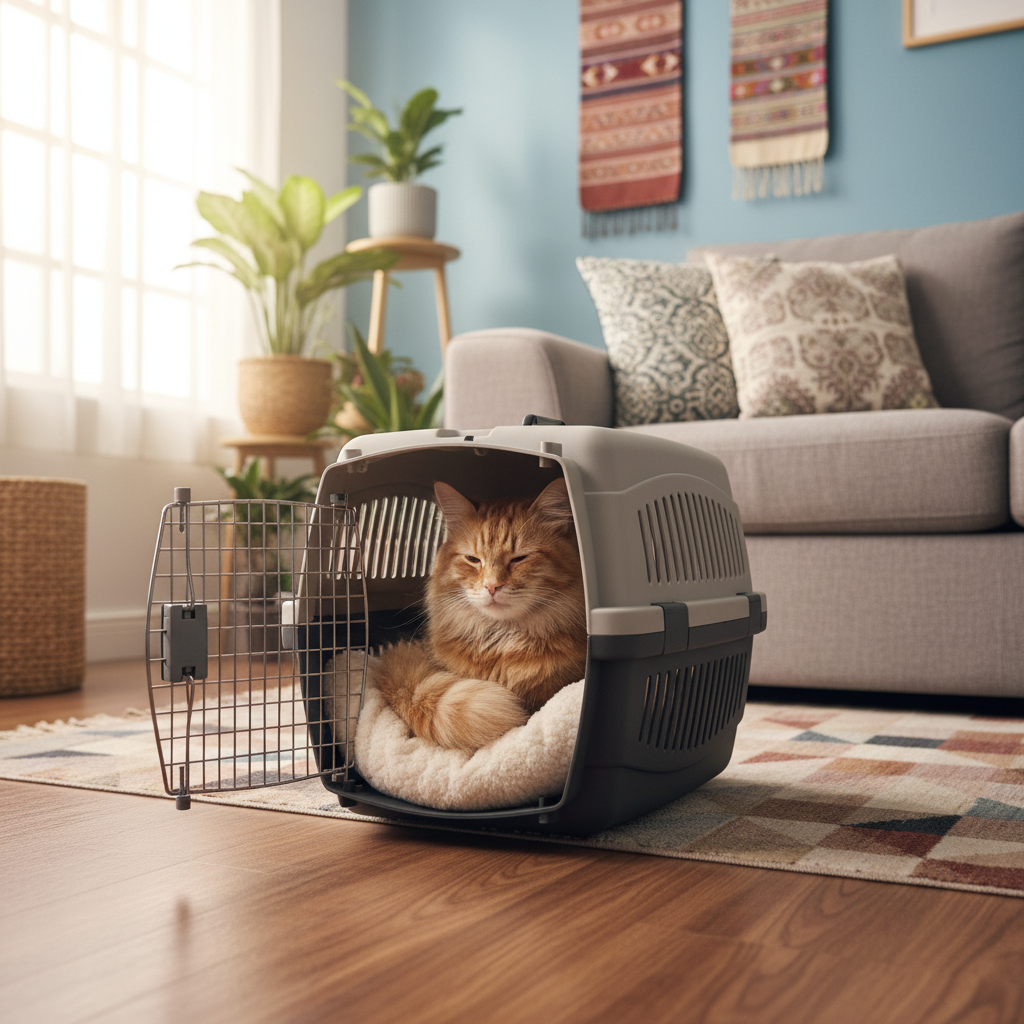 A relaxed cat resting inside an open top-loading carrier left out at home