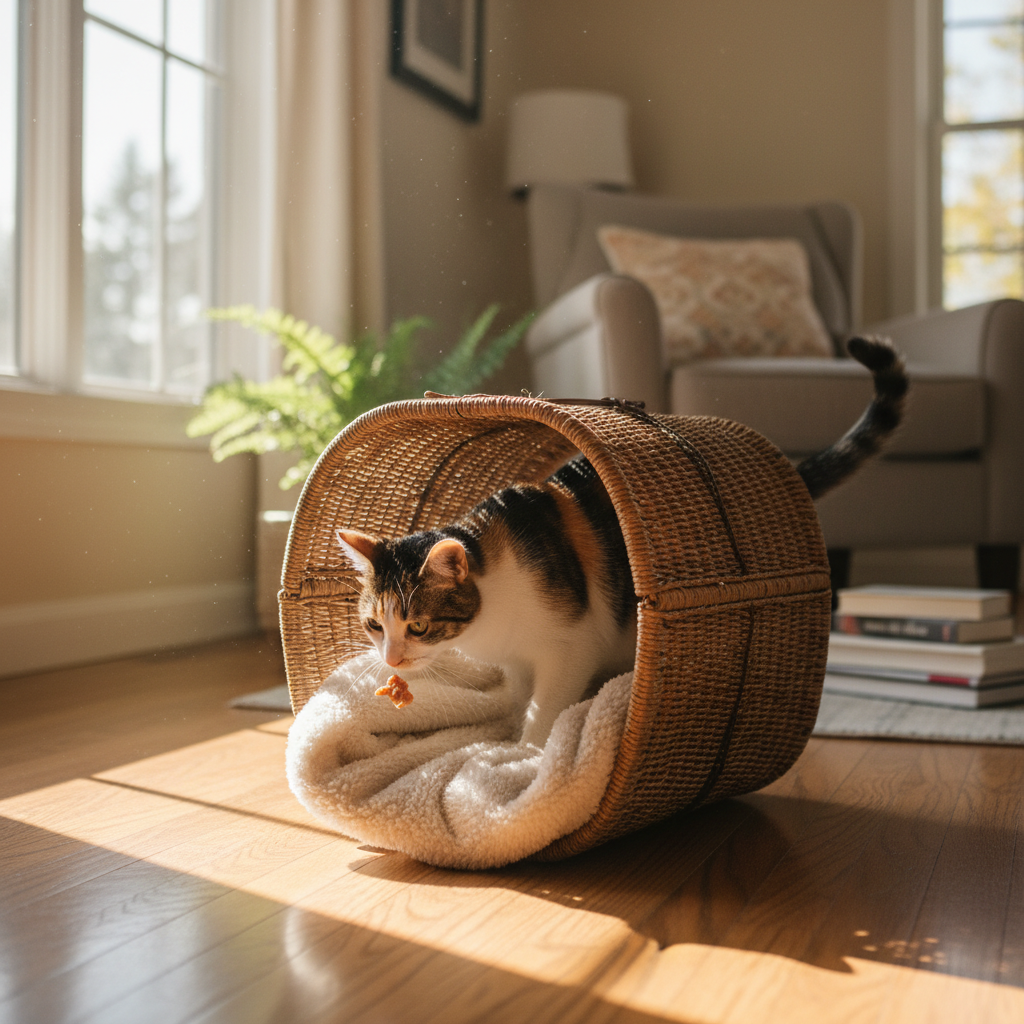 A cat voluntarily stepping into a carrier toward a treat and blanket inside