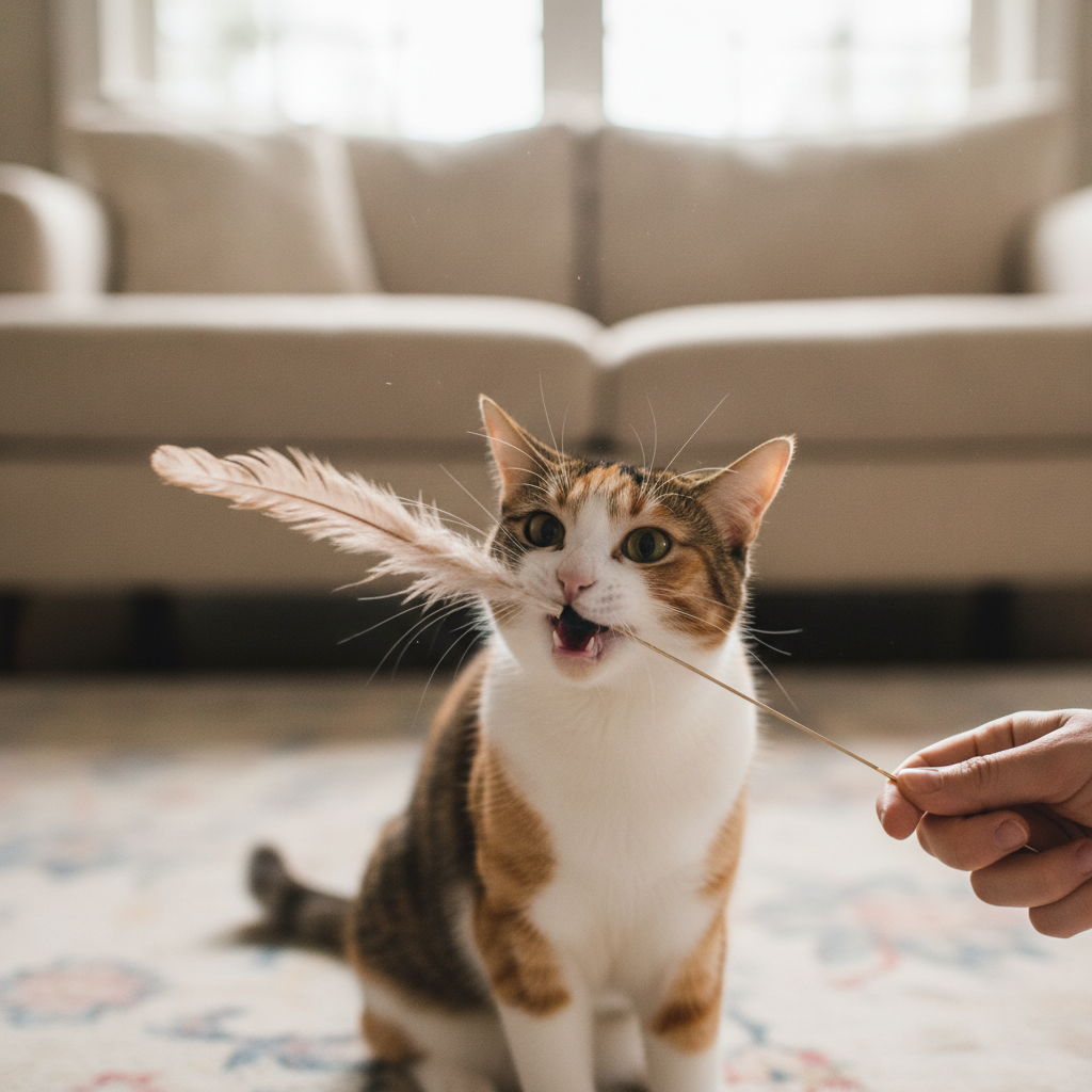 A cat biting a feather wand toy during structured play instead of a hand