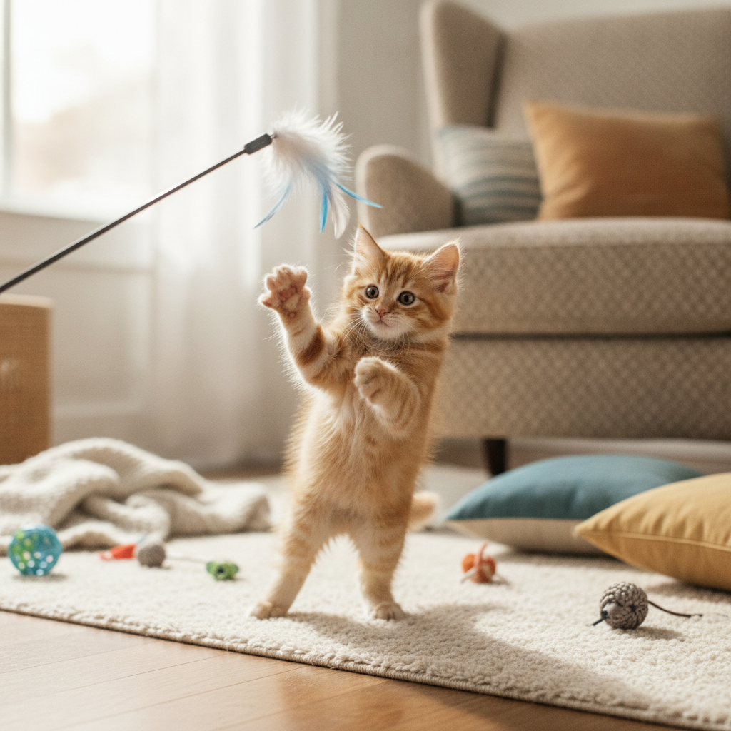 An energetic kitten leaping to catch a feather wand toy in mid-air